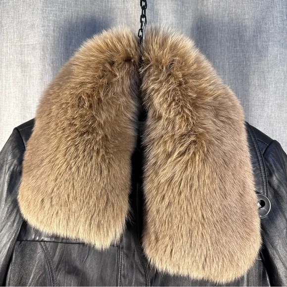 Genuine Brown Leather Jacket with Fox Fur Collar by Peter Nygard, Size Large - Picture 2 of 16
